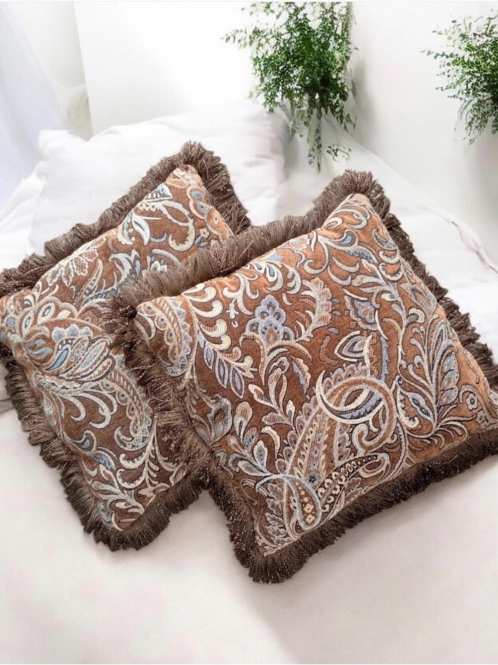 Set of 2 Brown Paisley Tapestry Throw Pillows with Brush Fringe Trim 15x15
